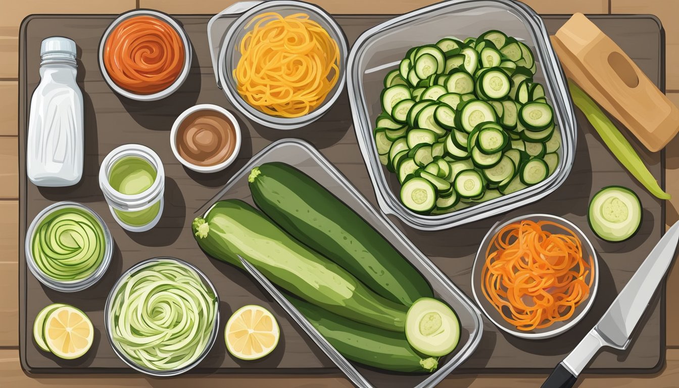 A kitchen counter with neatly organized containers of spiralized zucchini, fresh vegetables, and prepped sauces. A cutting board and knife are ready for meal prep