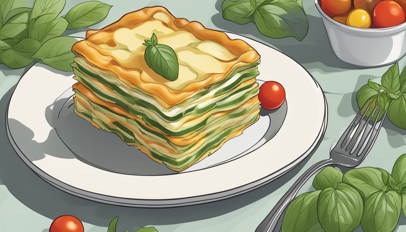 A plate of zucchini lasagna surrounded by fresh basil leaves and cherry tomatoes, with a fork resting nearby