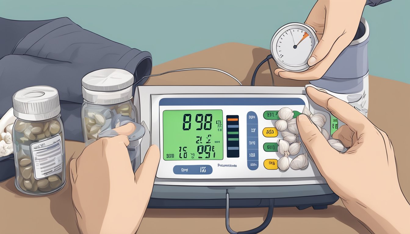 A person taking garlic supplements with a blood pressure monitor nearby