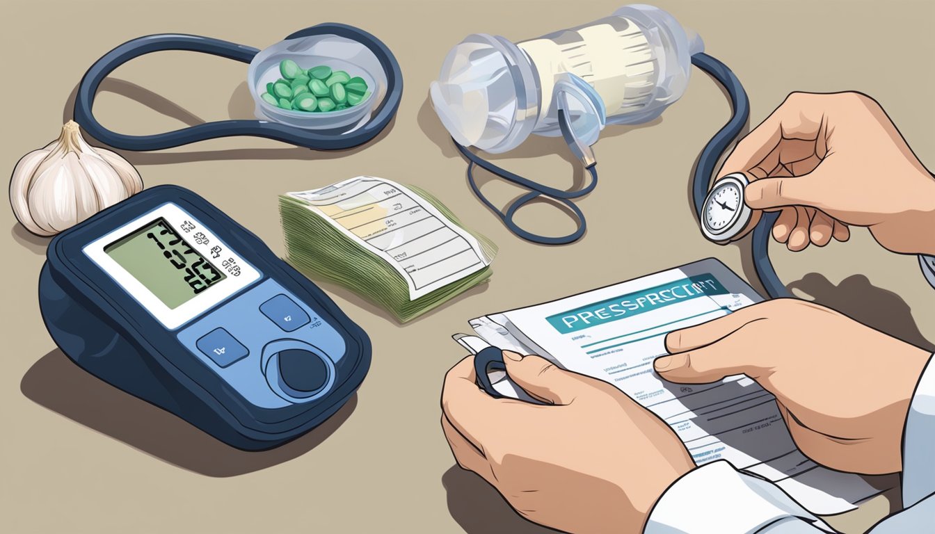 A person taking a garlic supplement next to a blood pressure monitor, with a doctor's prescription nearby