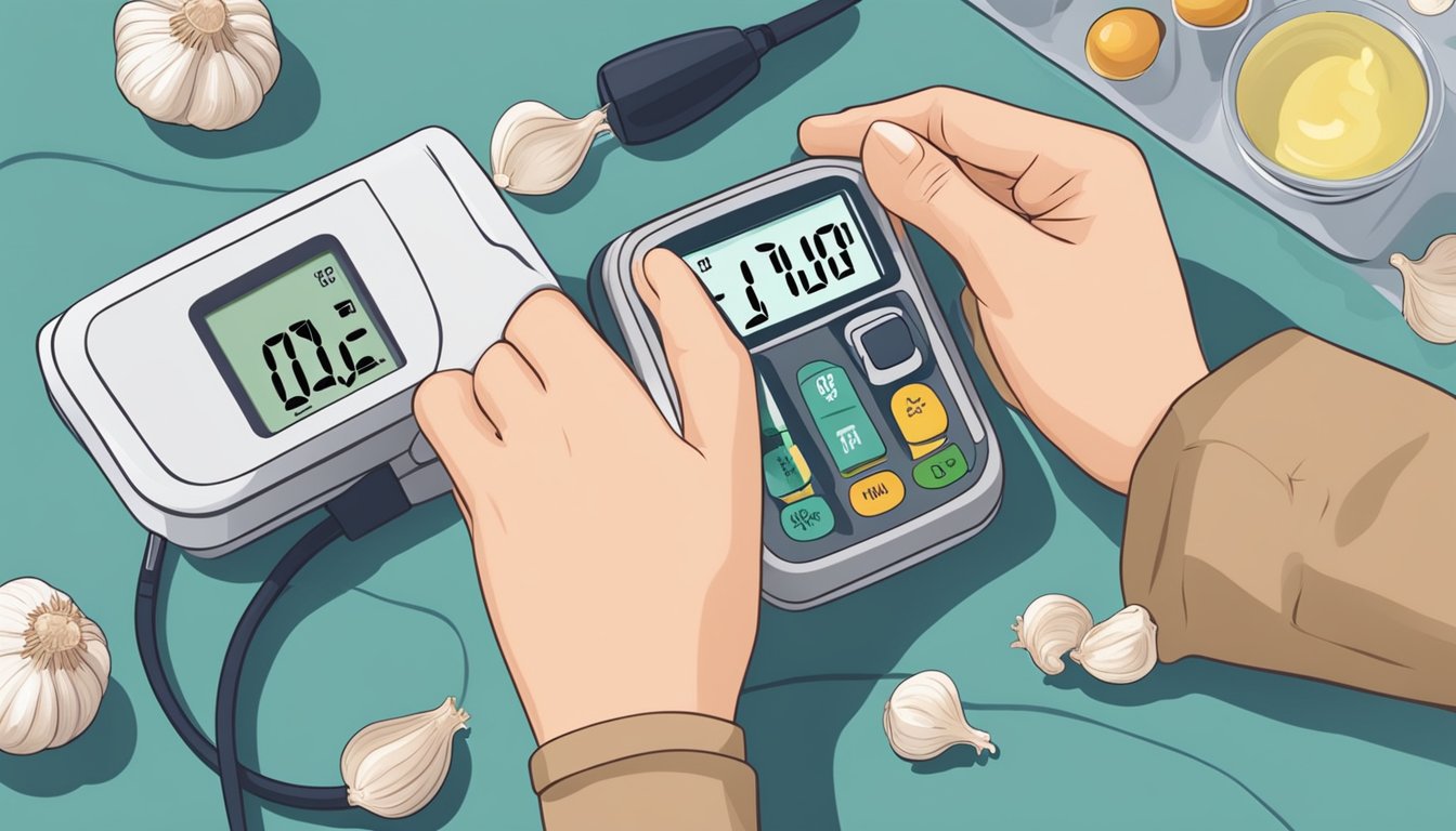 A person taking a garlic supplement with a blood pressure monitor nearby