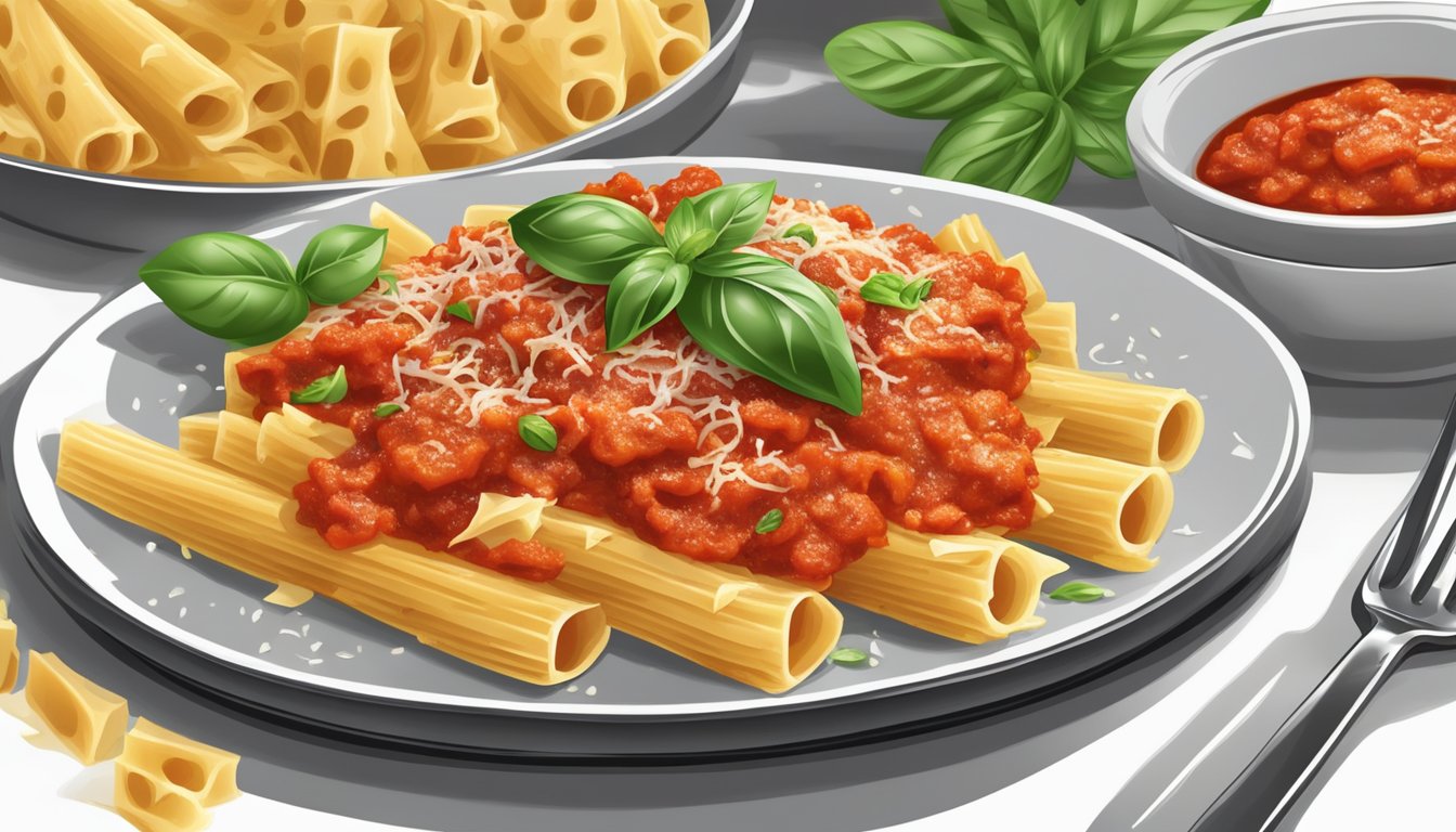 A plate of ziti covered in marinara sauce, with a sprinkle of grated parmesan and a garnish of fresh basil on the side