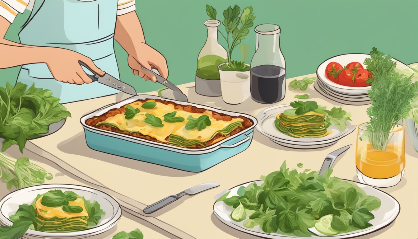 A person cutting and serving zucchini lasagna onto a plate, surrounded by fresh herbs and a side salad