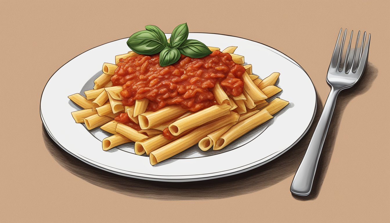 A plate of ziti pasta topped with marinara sauce, with a fork nearby