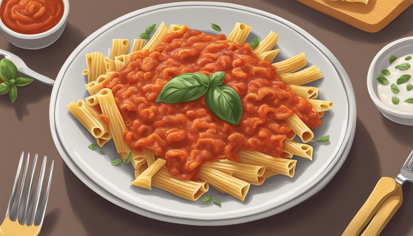 A plate of ziti covered in marinara sauce, with a fork twirling a bite