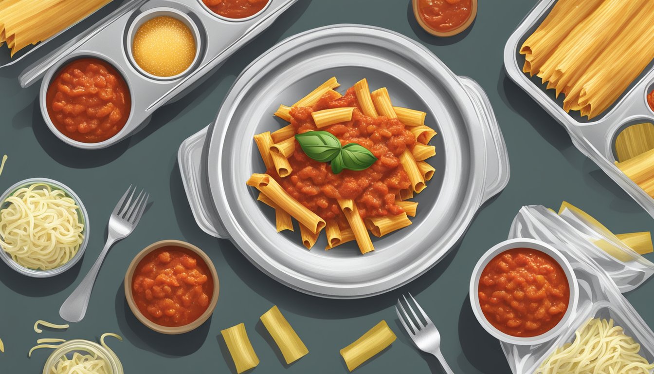 A plate of ziti with marinara sauce sits next to plastic containers and foil wrap