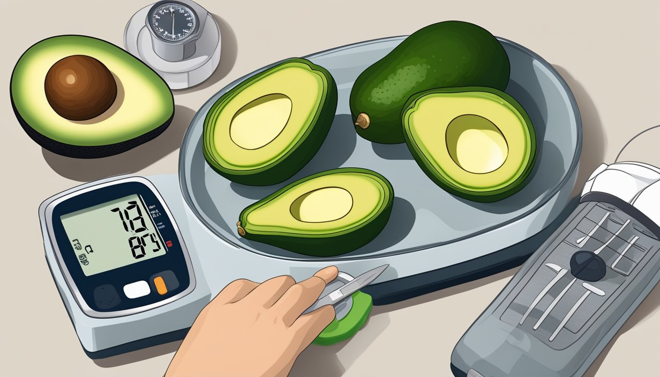 A person slicing avocados and arranging them on a plate, with a blood pressure monitor nearby showing lower readings