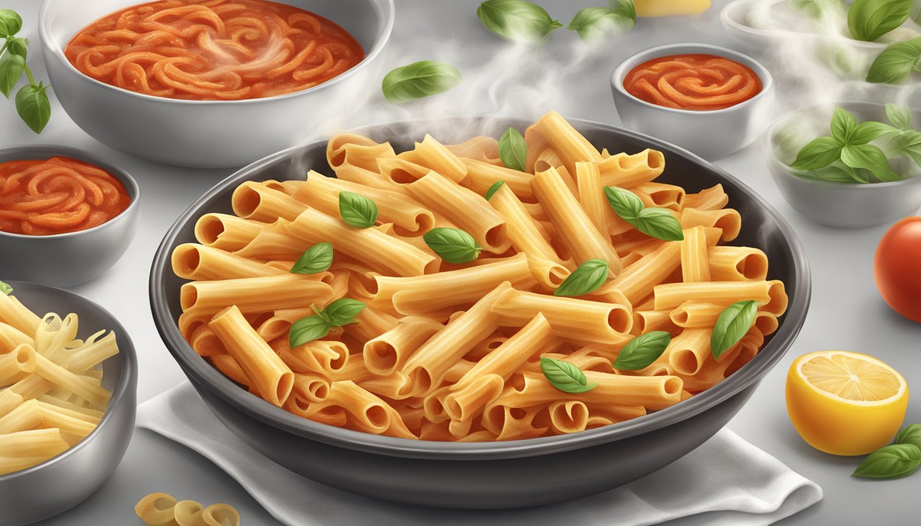 Ziti twirls in marinara, steam rises from the bowl