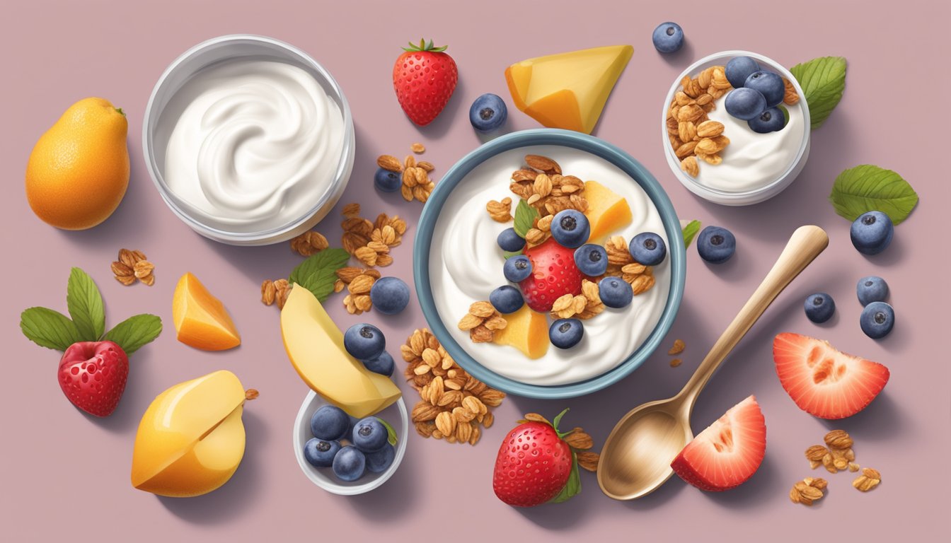 A spoonful of yogurt being scooped from a container with various fruits and granola arranged neatly on a table