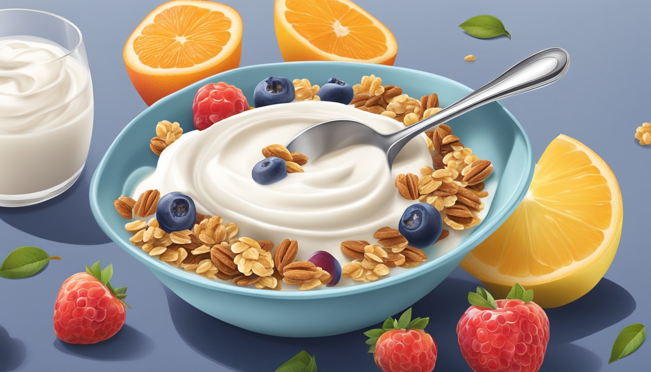 A spoon scoops yogurt from a container, with fruit and granola nearby