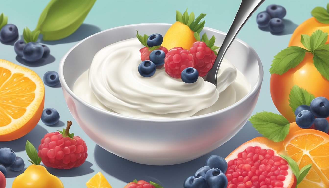 A spoon scoops up creamy yogurt from a colorful bowl. A dollop of fruit compote sits on top, ready to be mixed in