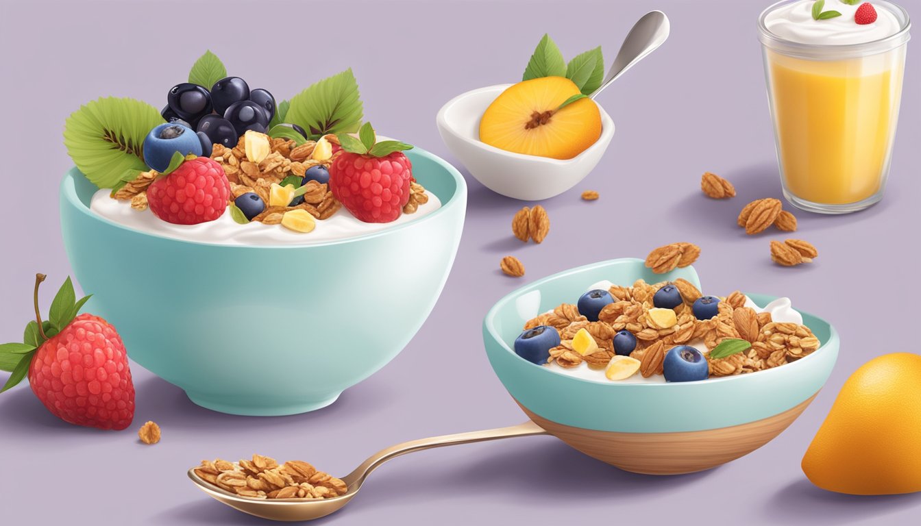 A spoon scoops creamy yogurt from a colorful bowl, surrounded by fresh fruit and granola