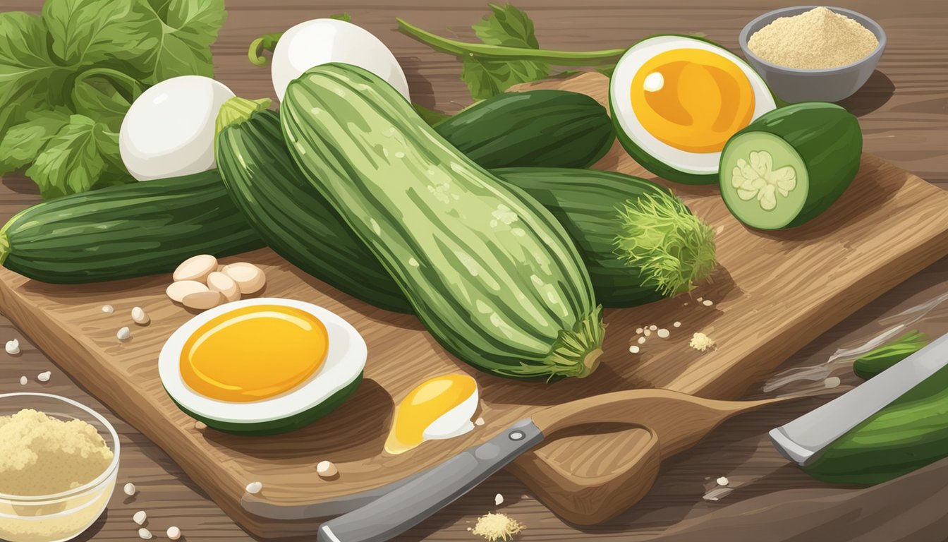 Fresh zucchinis, eggs, flour, and seasoning on a wooden cutting board. A bowl and whisk nearby