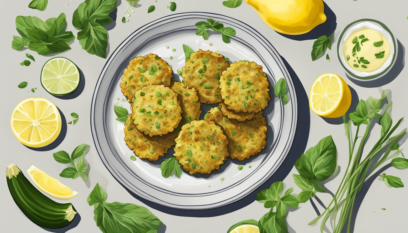 A plate of zucchini fritters surrounded by fresh herbs and lemon wedges, with a side of creamy dipping sauce