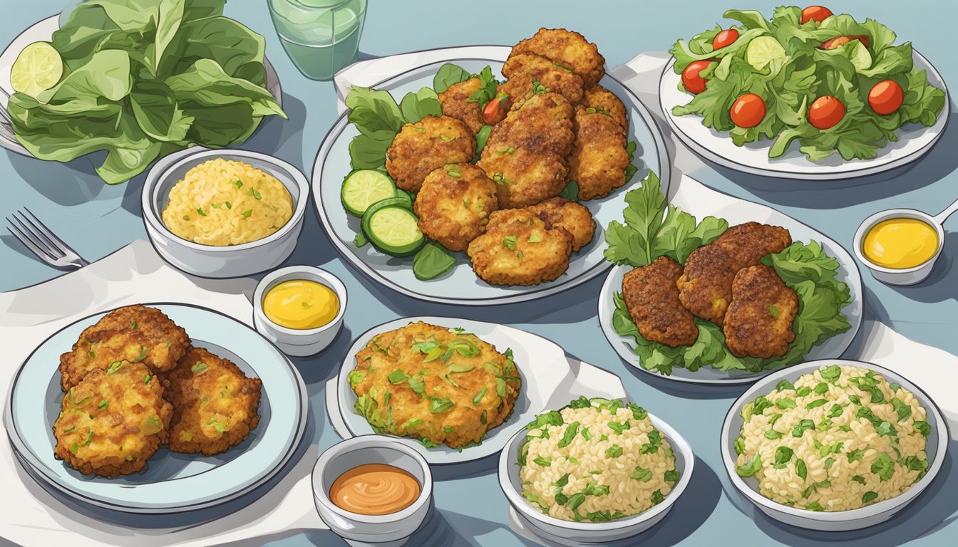 Zucchini fritters arranged on a plate next to a variety of main courses, such as grilled chicken, salad, and rice