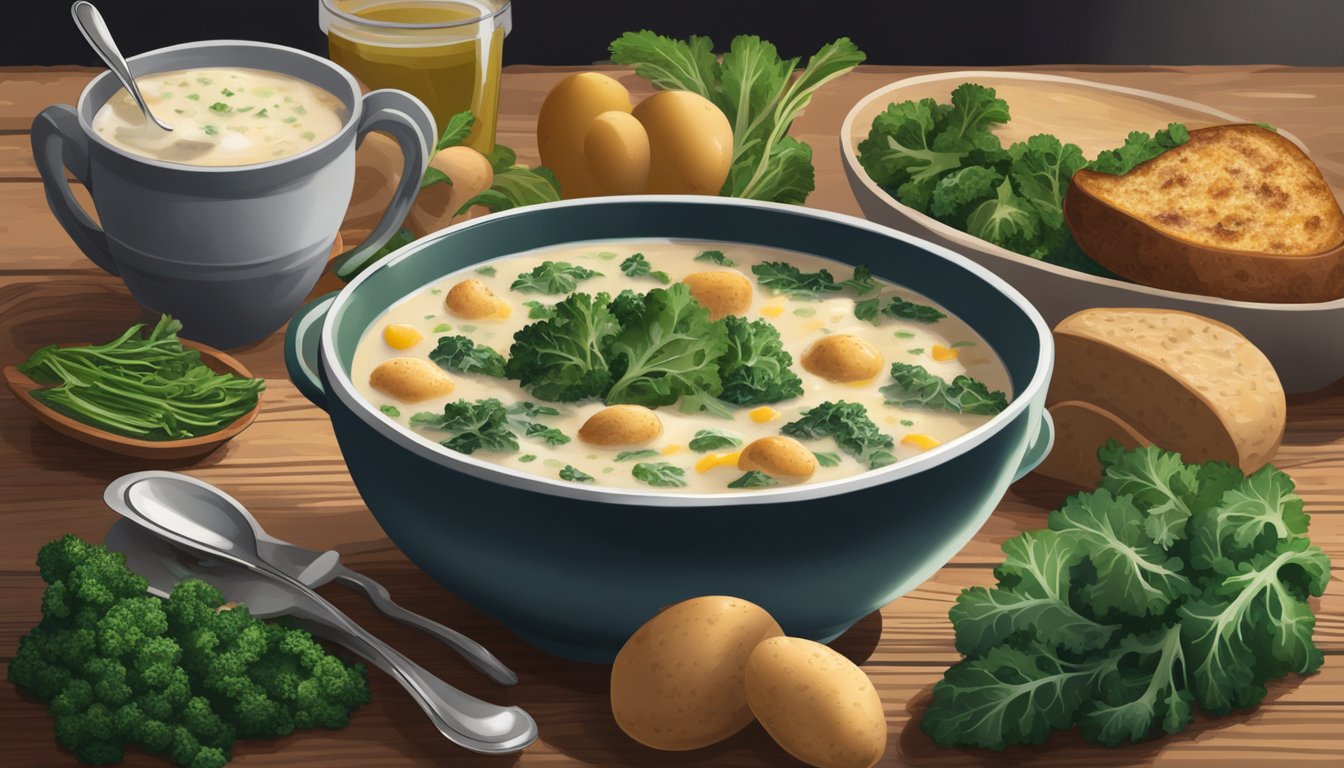 A steaming bowl of zuppa toscana sits on a rustic wooden table, surrounded by fresh ingredients like kale, sausage, and potatoes. A spoon is poised to take a hearty bite