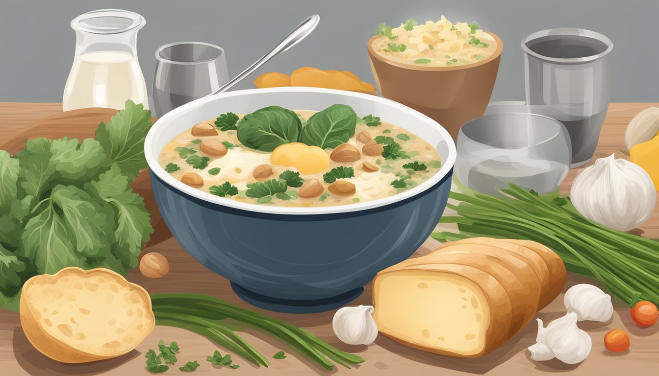 A steaming bowl of zuppa toscana surrounded by fresh ingredients and a spoon