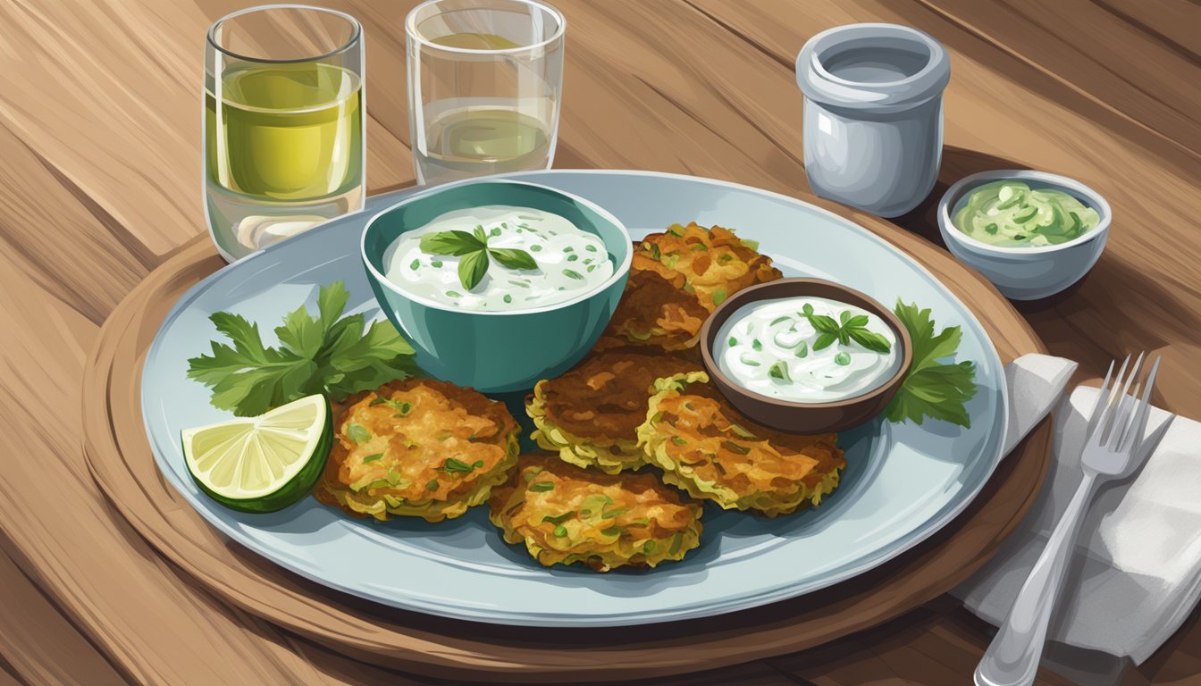 A plate of zucchini fritters with a side of tzatziki sauce, paired with a glass of chilled white wine on a wooden table