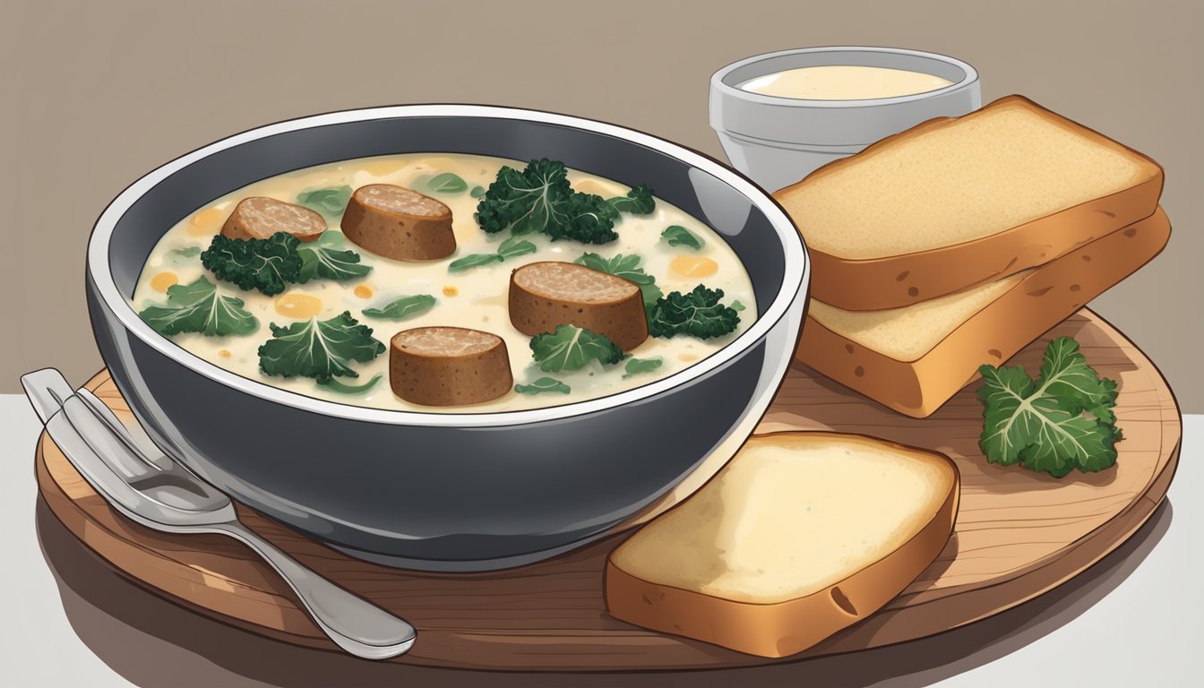 A bowl of zuppa toscana with sausage, potatoes, and kale, served with a side of crusty bread and a sprinkle of parmesan cheese