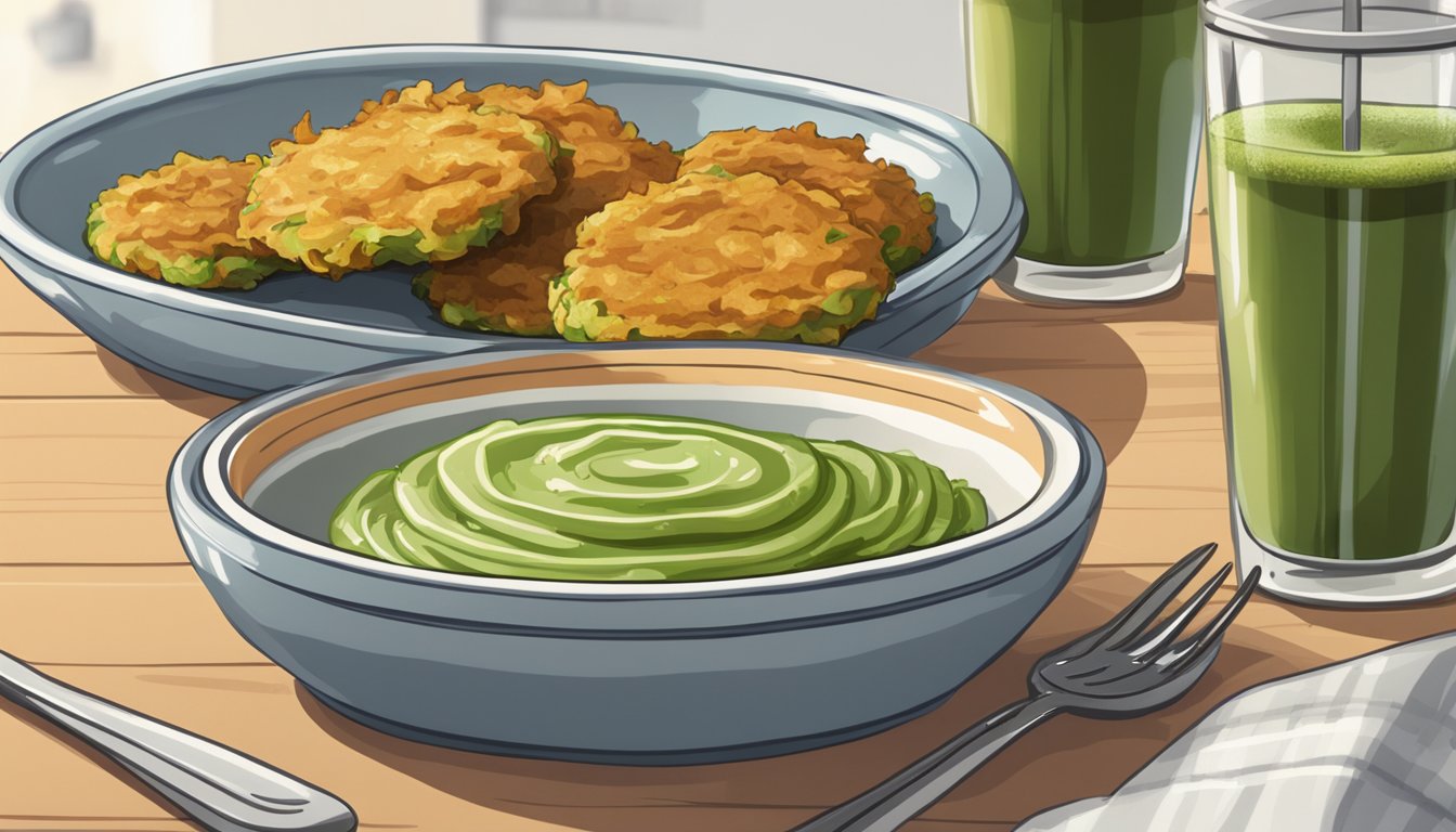 A plate of zucchini fritters with a side of dipping sauce, a fork, and a microwave on a kitchen counter