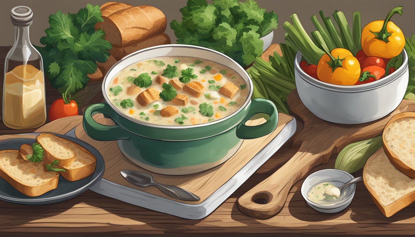 A steaming bowl of zuppa toscana sits on a rustic wooden table, surrounded by fresh vegetables and a loaf of crusty bread