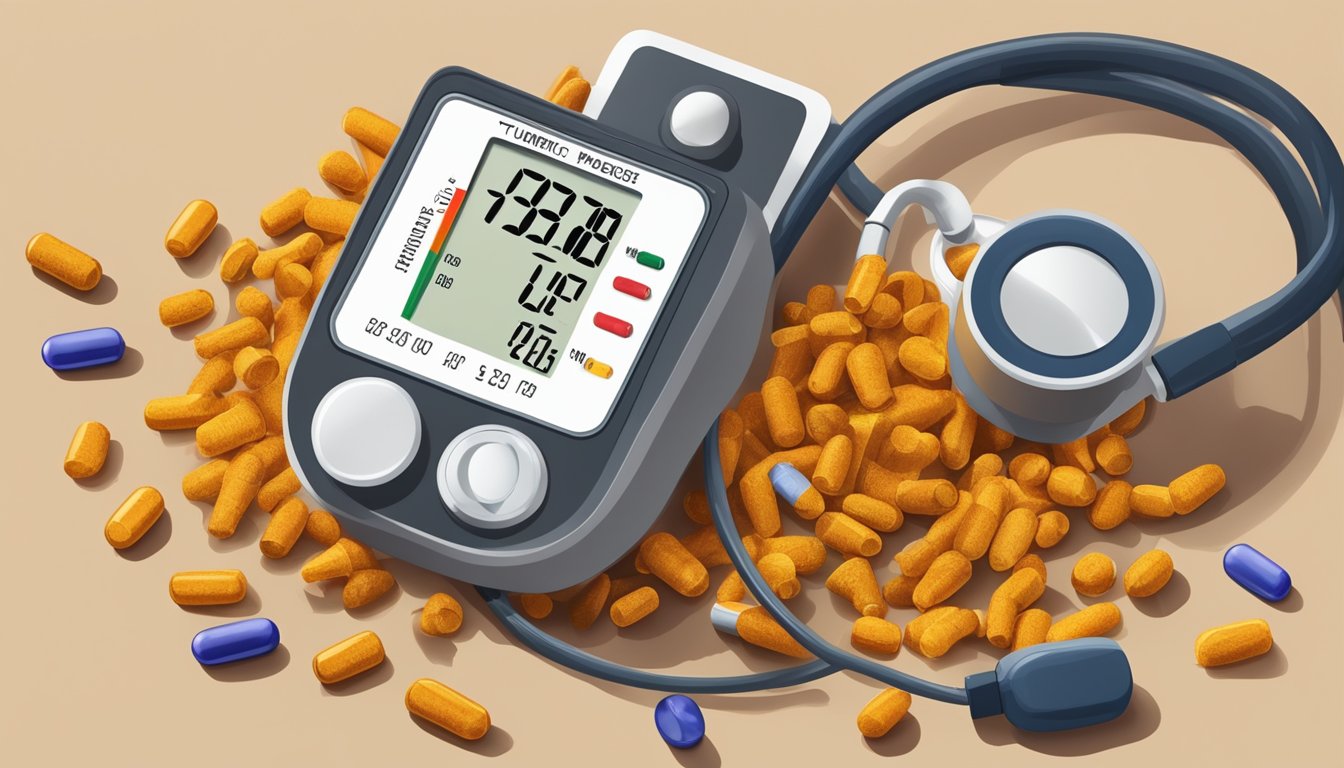 A close-up of turmeric roots and powder surrounded by scattered capsules, with a blood pressure monitor in the background