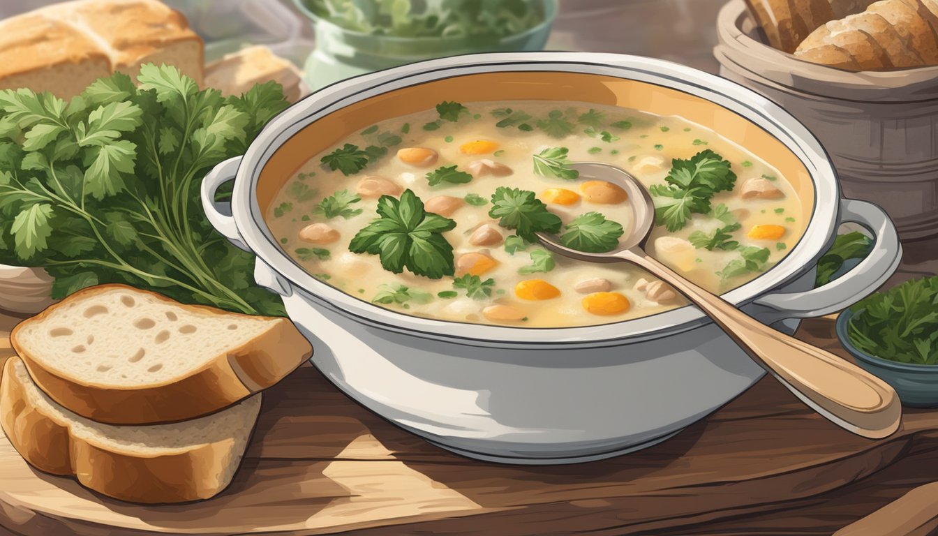 A steaming bowl of zuppa toscana sits on a rustic wooden table, surrounded by a ladle, fresh herbs, and a loaf of crusty bread