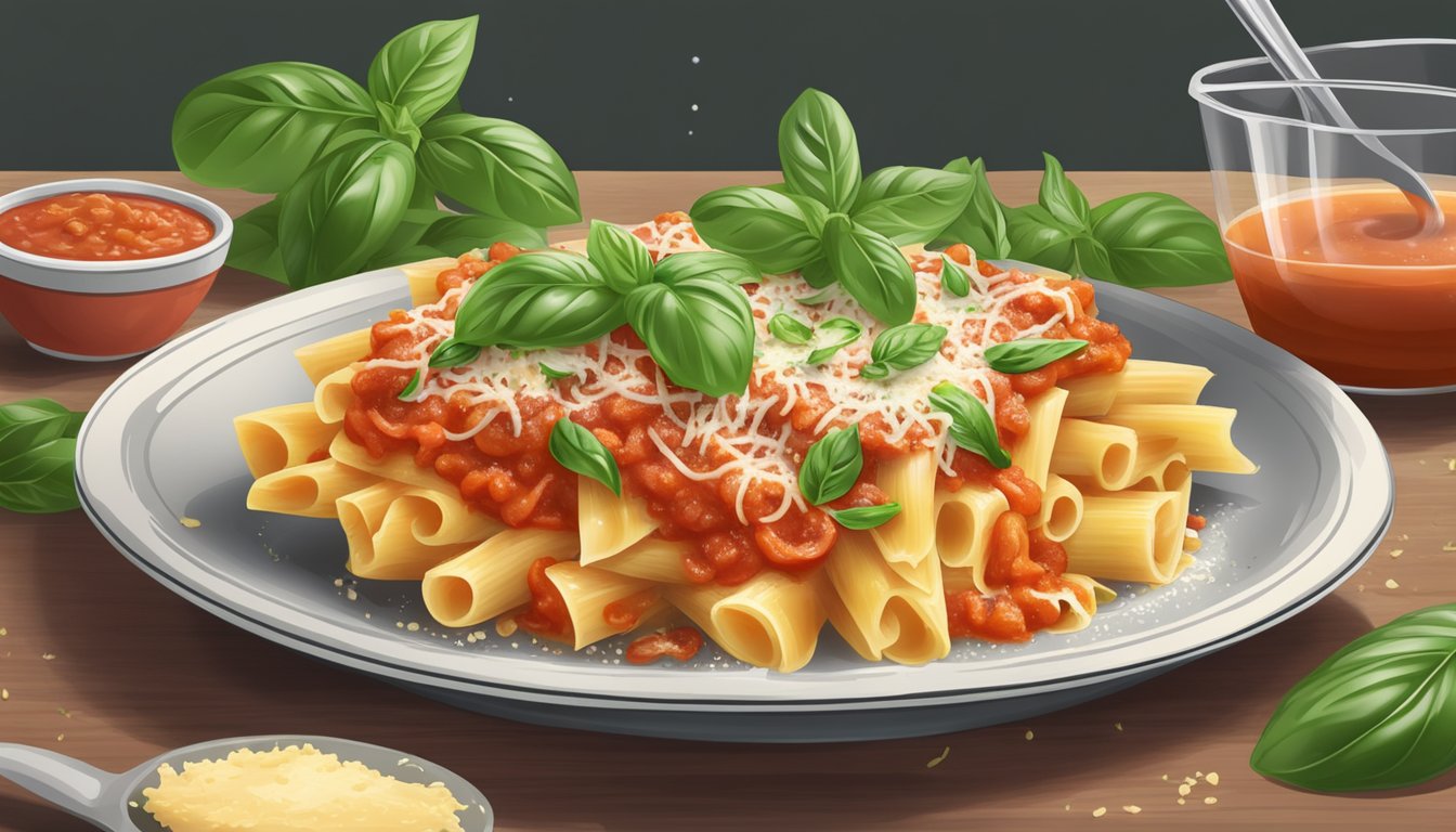 A steaming plate of ziti with marinara sauce and melted cheese on top, surrounded by fresh basil leaves and a sprinkle of parmesan