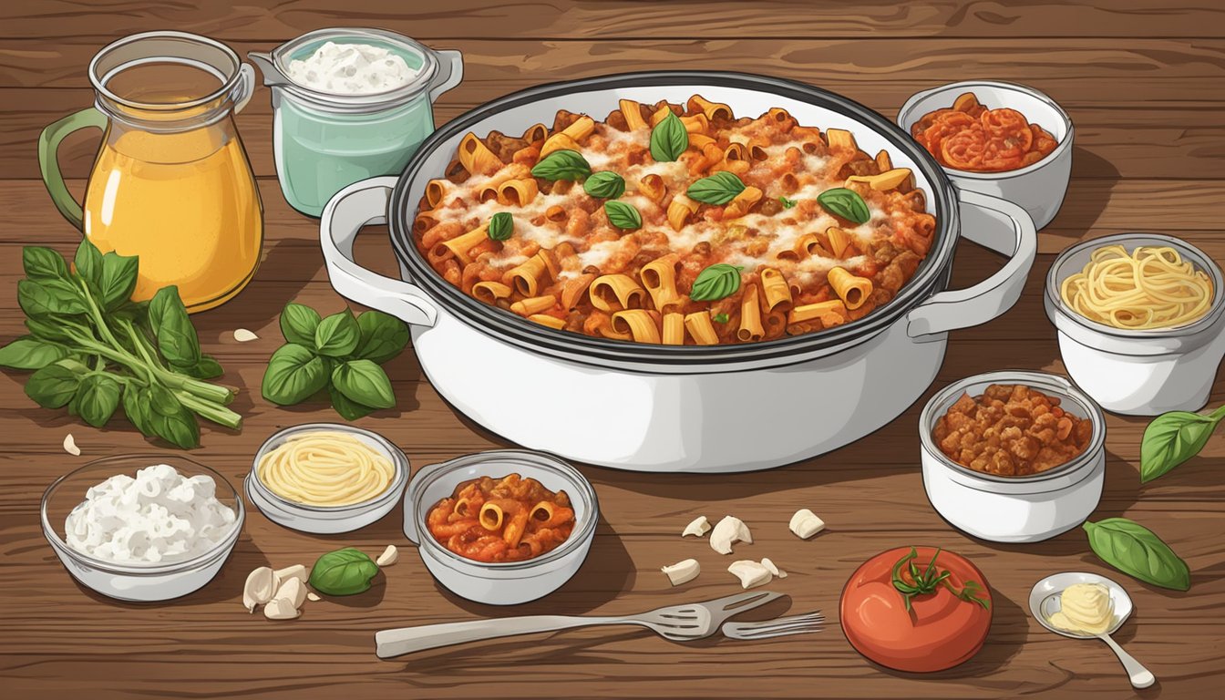 A steaming dish of baked ziti sits on a rustic wooden table, surrounded by scattered ingredients and utensils