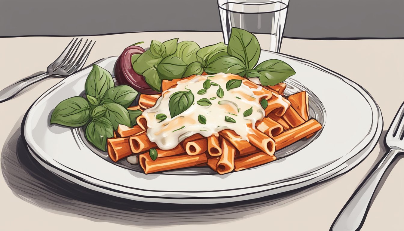 A plate of ziti with a creamy tomato sauce, topped with melted mozzarella and fresh basil leaves, served alongside a side salad and a glass of red wine