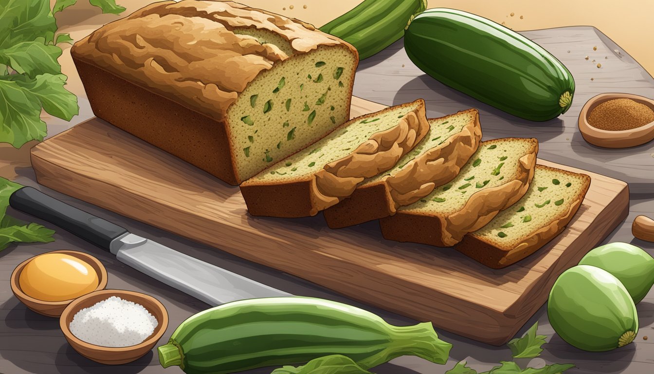 A slice of zucchini bread on a wooden cutting board, surrounded by fresh zucchinis, eggs, flour, and spices