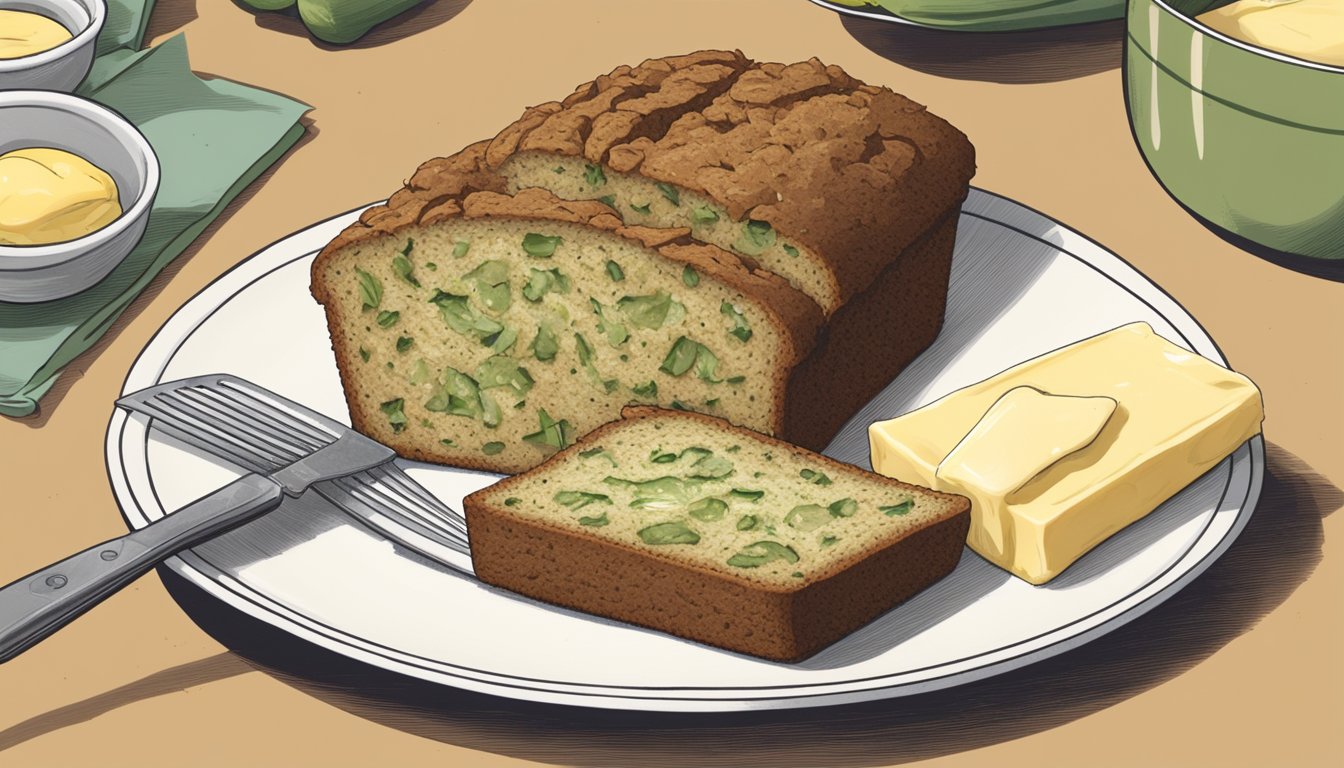 A slice of zucchini bread sits on a plate, topped with a dollop of creamy butter. A knife is poised to spread the butter onto the bread