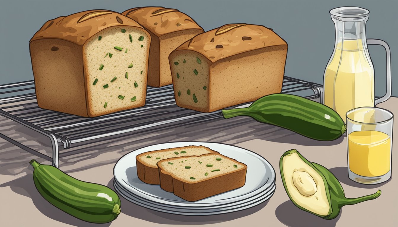 A loaf of zucchini bread cooling on a wire rack, surrounded by scattered zucchinis and a bowl of batter. A slice sits on a plate with a spread of butter