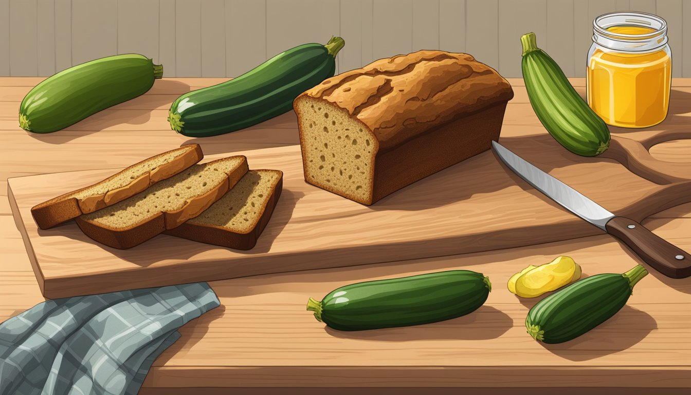 A slice of zucchini bread on a wooden cutting board, surrounded by fresh zucchinis and a jar of honey