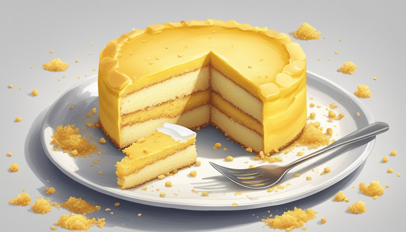 A slice of yellow cake on a white plate with a fork next to it, surrounded by crumbs