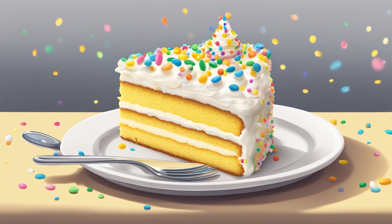 A yellow cake sits on a white plate with a fork nearby. A dollop of whipped cream and a sprinkle of colorful sprinkles add a decorative touch