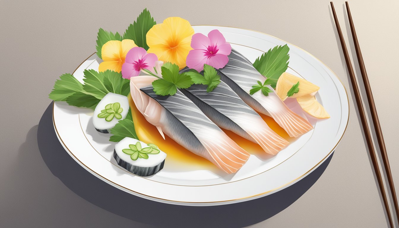 Yellowtail sashimi arranged on a white plate with pickled ginger, wasabi, and soy sauce on the side. Slices of fish garnished with fresh herbs and edible flowers