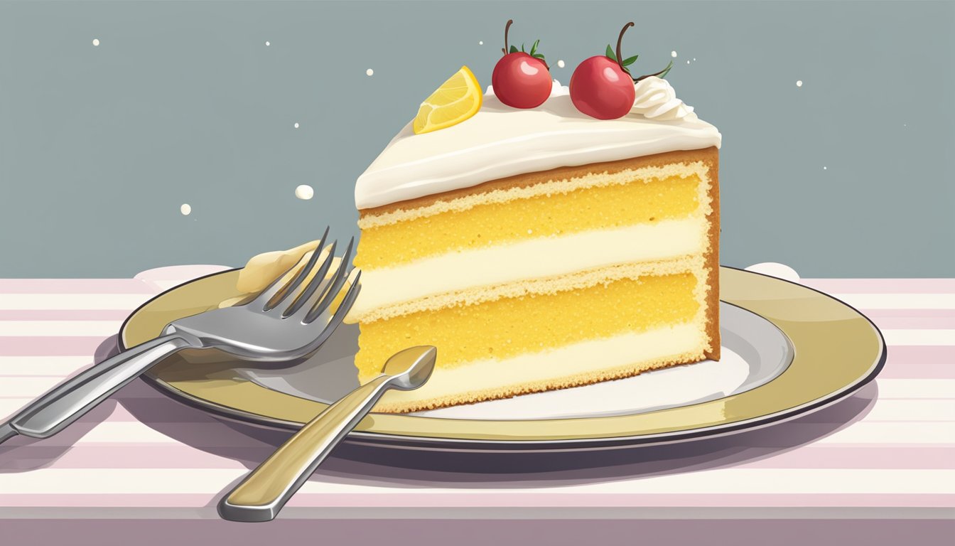 A slice of yellow cake with frosting being cut with a fork