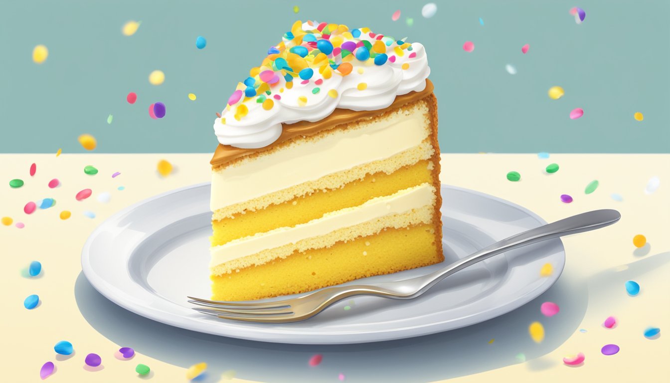 A slice of yellow cake on a white plate with a fork beside it. A dollop of whipped cream on top and a sprinkle of colorful confetti