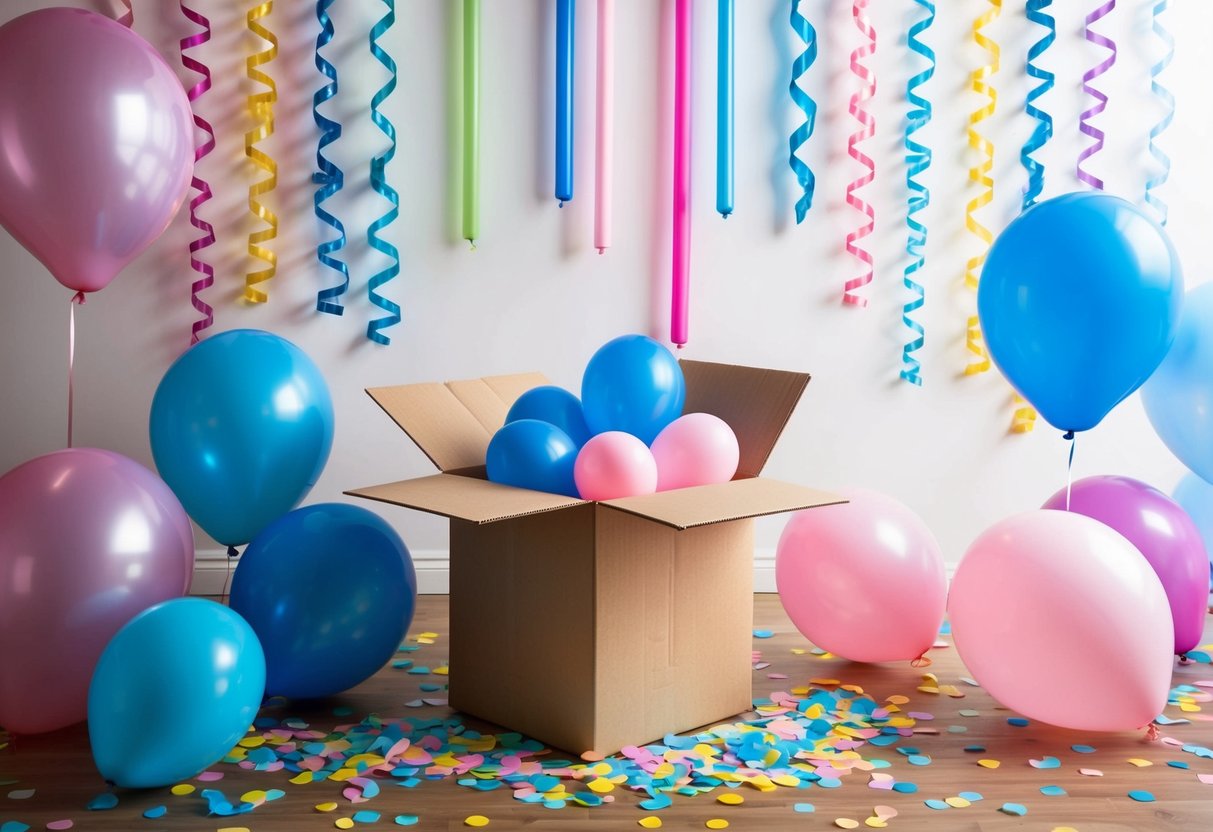 Colorful streamers, balloons, and confetti fill the room as a large box is opened, revealing either pink or blue balloons, indicating the gender of the baby