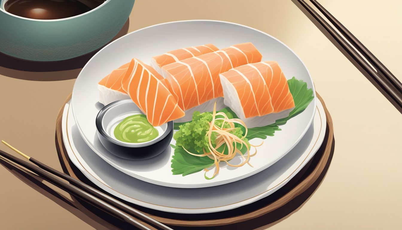 A pair of chopsticks hovering over a plate of yellowtail sashimi, with a small dish of soy sauce and wasabi on the side