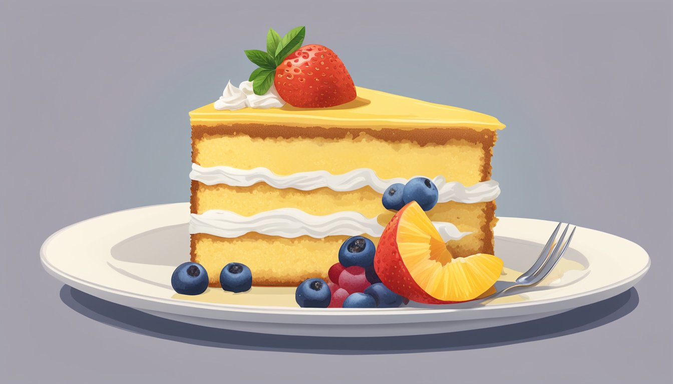 A slice of yellow cake sits on a white plate, topped with a dollop of whipped cream and a sprinkle of colorful fruit. A fork is positioned next to the cake, ready to take a bite