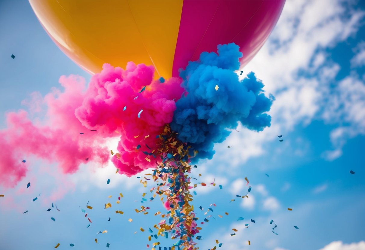 Colorful confetti bursting from a large balloon, revealing pink or blue smoke swirling in the air