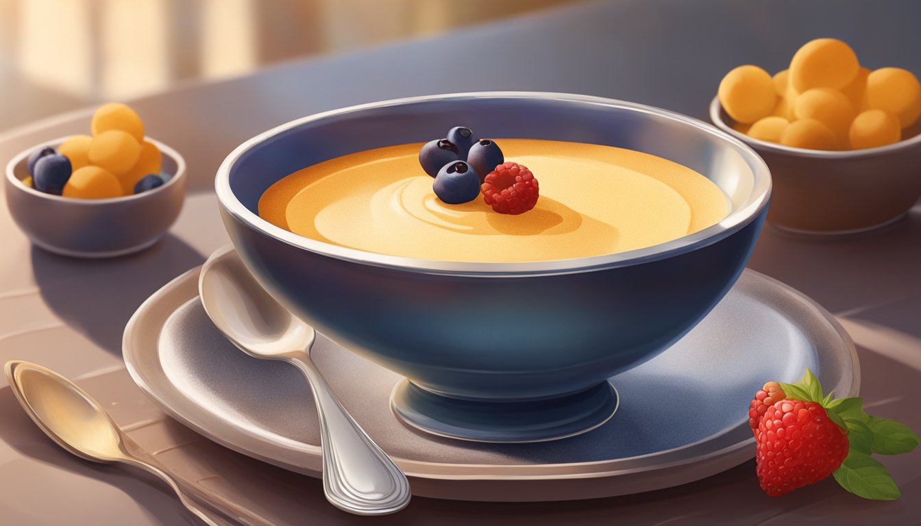 A bowl of zabaione sits on a table, garnished with a sprinkle of cocoa powder and a few fresh berries. A small spoon rests on the edge of the bowl