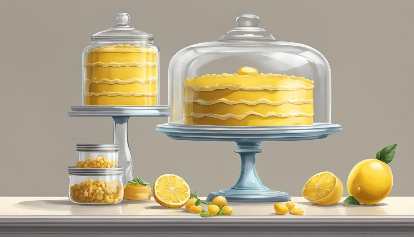 A yellow cake sits on a glass cake stand, covered with a clear dome to preserve its freshness. A pantry shelf behind it holds jars of ingredients for baking