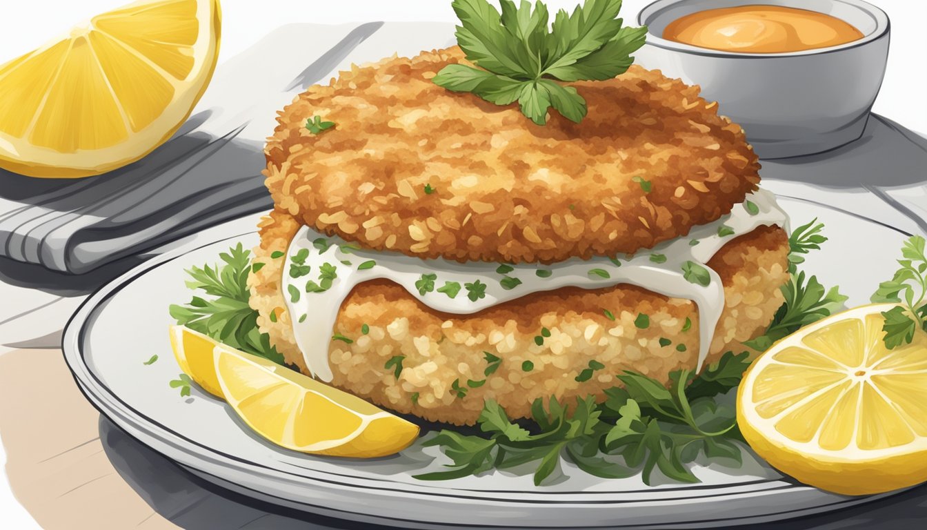 A plate with a single crab cake topped with a dollop of sauce, surrounded by lemon wedges and garnished with fresh herbs