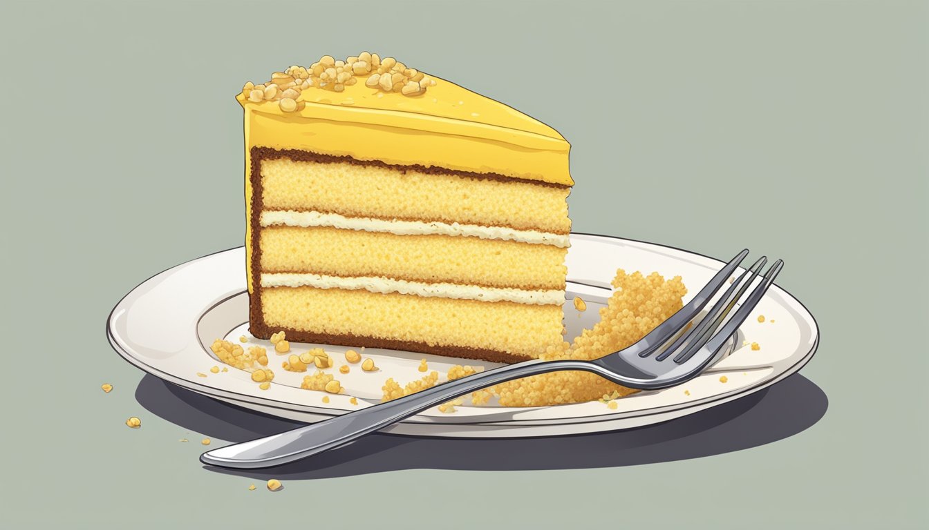 A slice of yellow cake being eaten by a fork, with crumbs scattered on a plate