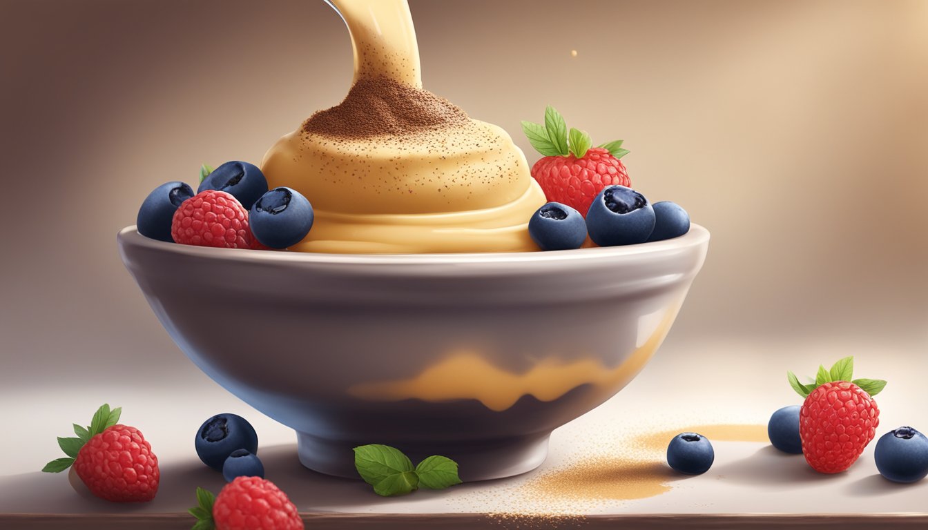 A bowl of zabaione being gently drizzled with a sprinkling of cocoa powder and served with a side of fresh berries