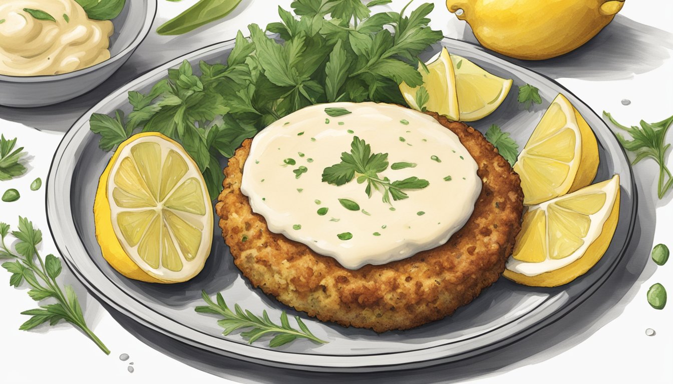 A plate with a single crab cake, surrounded by lemon wedges, fresh herbs, and a dollop of aioli