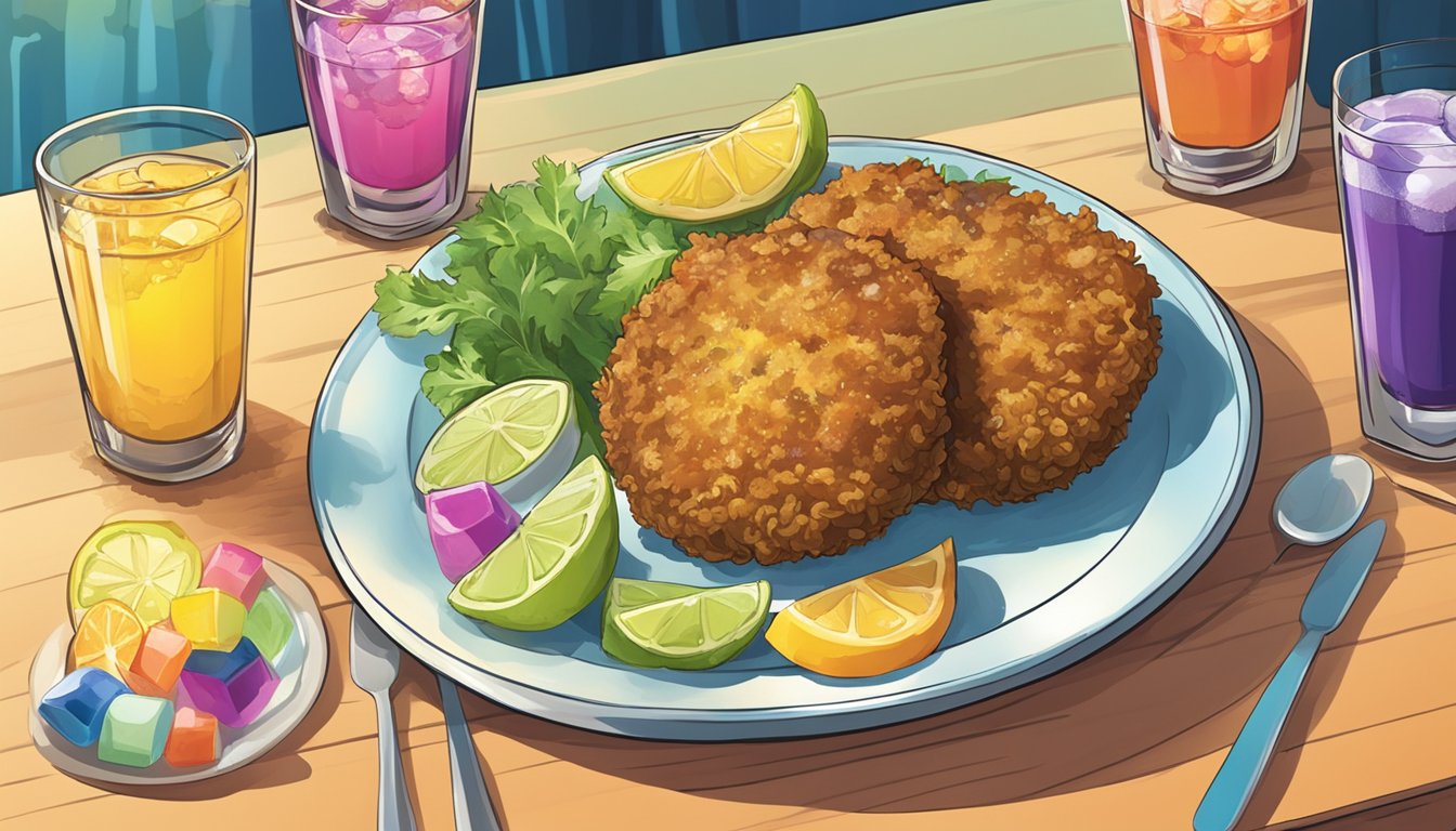 A plate with a golden-brown crab cake, surrounded by a variety of colorful drinks